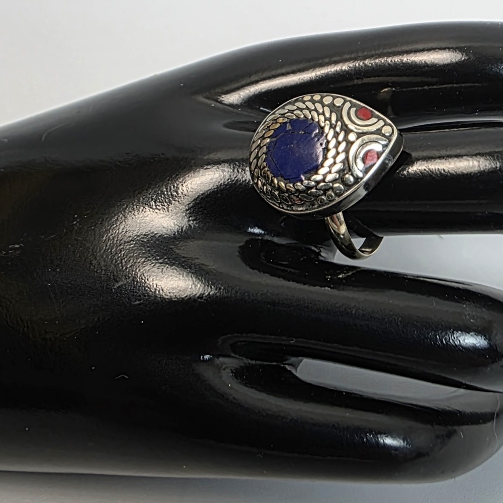 Tibetan Handmade Lapis & Red Coral‎ Gemstone Ring Size 9 Boho Style #880